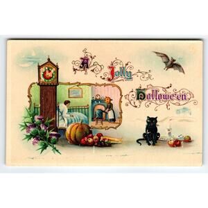 Vintage Halloween Postcard Pumpkin Head Maid & Black Cat Bat 1907-1915 Gel Coat